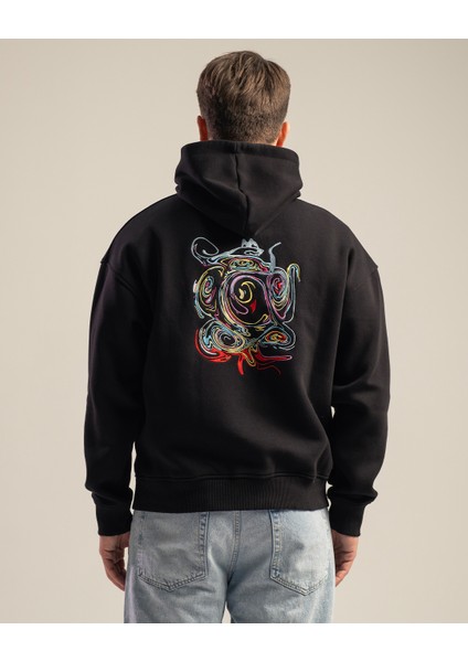 Nightfall Erkek Yumusaçık Kumaşlı Kapüşonlu Oversize Fit Nakışlı Siyah Sweatshirt modelleri