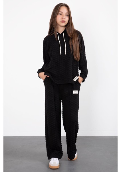 Siyah Kız Çocuk Dokulu Geniş Paça Kapüşonlu Eşofman Takımı 23301