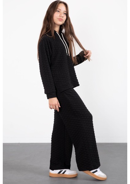Siyah Kız Çocuk Dokulu Geniş Paça Kapüşonlu Eşofman Takımı 23301 fiyatları
