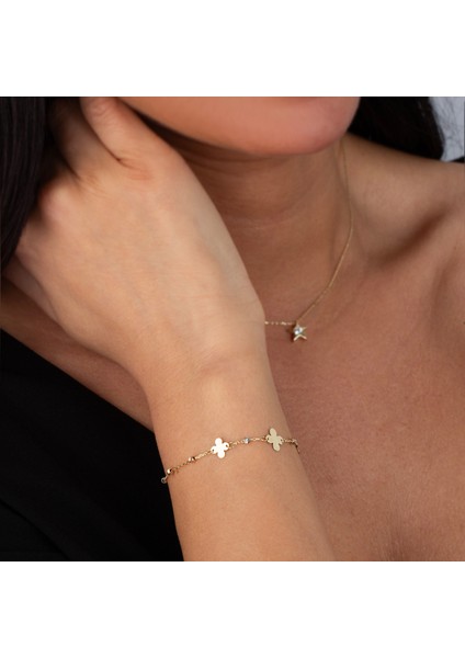 14 Ayar Altın Yonca Figürlü Kadın Bileklik modelleri