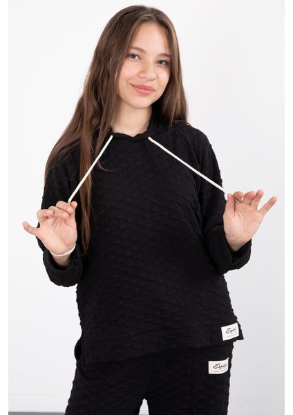 Siyah Kız Çocuk Dokulu Geniş Paça Kapüşonlu Eşofman Takımı 23301 modelleri