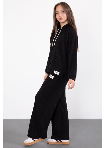 Siyah Kız Çocuk Dokulu Geniş Paça Kapüşonlu Eşofman Takımı 23301 fırsatları