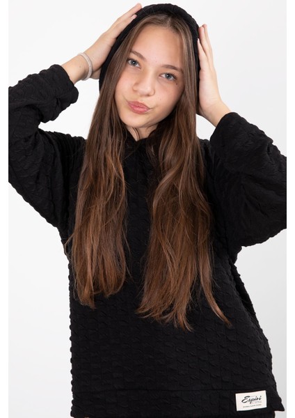 Siyah Kız Çocuk Dokulu Geniş Paça Kapüşonlu Eşofman Takımı 23301 indirimleri