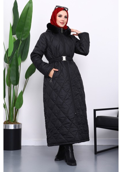 Siyah Kapüşonlu Kapitone Uzun Şişme Mont fiyatları