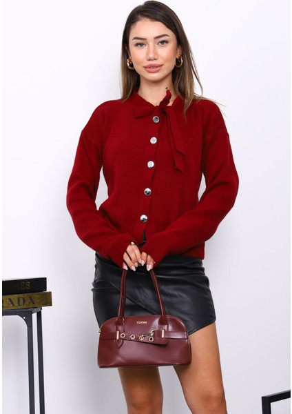 Bordo Yaka Bağlamalı Düğmeli Triko Hırka modelleri