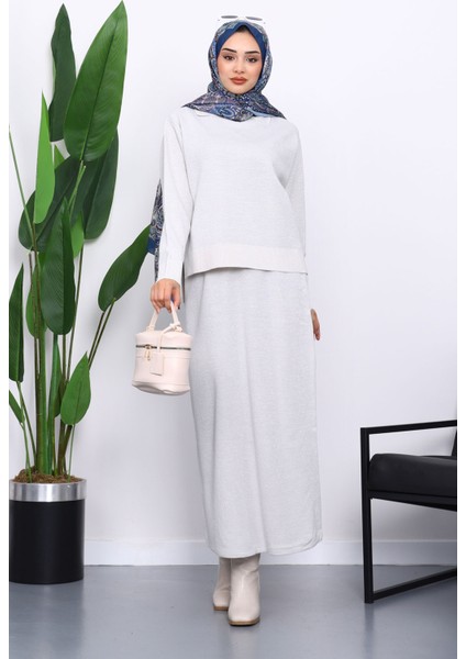 Ekru Gömlek Yaka Triko Etekli Takım