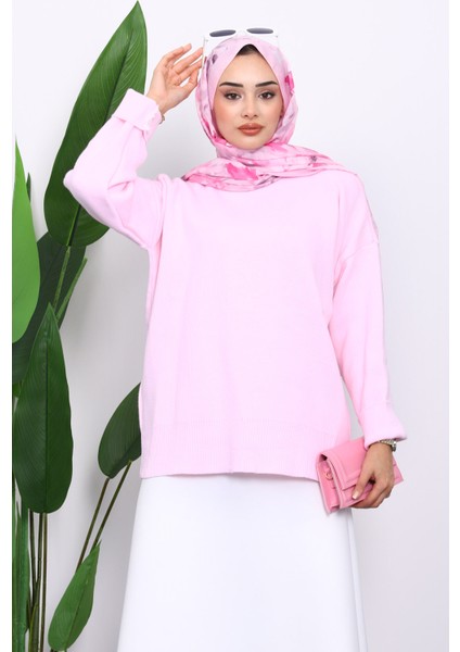 Pembe Bisiklet Yaka Yumuşak Dokulu Oversize Triko Kazak