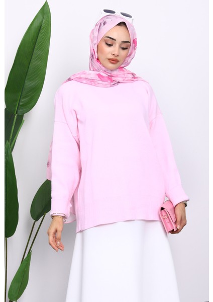 Pembe Bisiklet Yaka Yumuşak Dokulu Oversize Triko Kazak modelleri