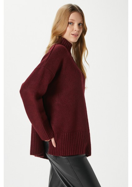 Kadın Wonder Yumuşacık Dik Yaka Bordo Yırtmaçlı Oversize Triko Kazak fiyatları
