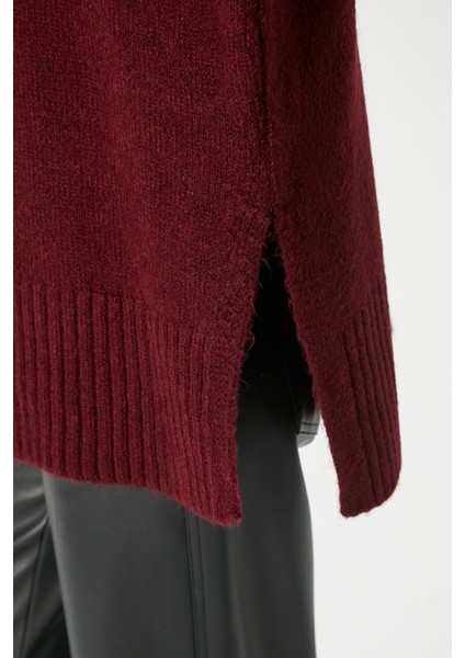Kadın Wonder Yumuşacık Dik Yaka Bordo Yırtmaçlı Oversize Triko Kazak fırsatları