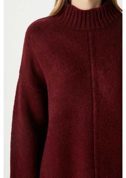 Kadın Wonder Yumuşacık Dik Yaka Bordo Yırtmaçlı Oversize Triko Kazak indirimleri
