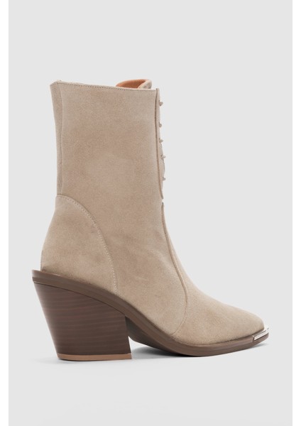 Novira Hakiki Deri Bağcıklı ve Yandan Fermuarlı Sivri Burun Kadın Bot- Bej Süet fiyatları