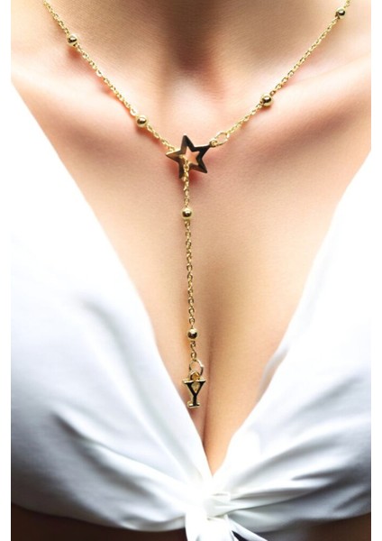 Y Harfi Yıldız Topçuk Y 316L Paslanmaz Çelik Zincir Altın Kaplama Kolye Hediye Kalp Sevgili Eş