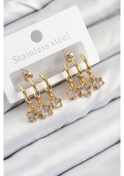 Pirinç Zirkon Taşlı Sallantılı Yıldız Model Gold Renk Kadın Küpe - Lisinya