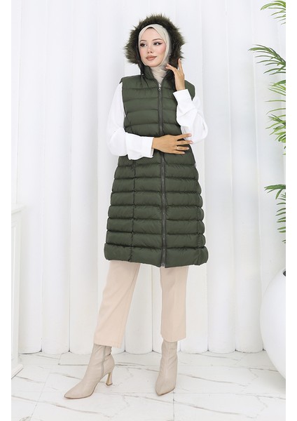 Kapüşonlu Fermuarlı Şişme Yelek 0169A-01 Haki