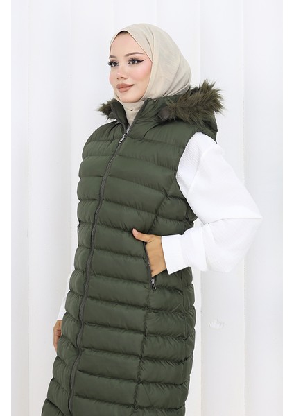 Kapüşonlu Fermuarlı Şişme Yelek 0169A-01 Haki fırsatları