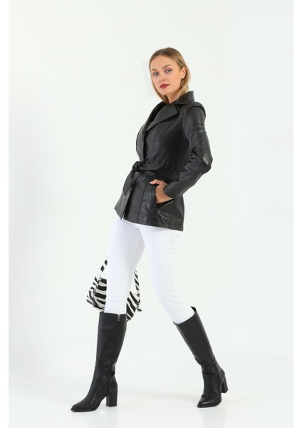 Kadın Kuşak Detaylı Hakiki Deri Ceket