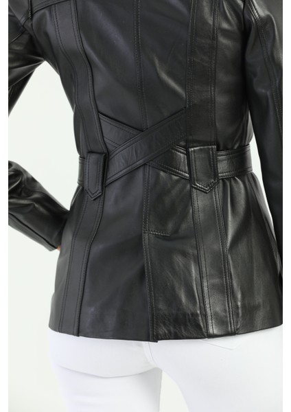 Kadın Kuşak Detaylı Hakiki Deri Ceket