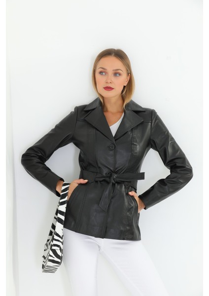 Kadın Kuşak Detaylı Hakiki Deri Ceket
