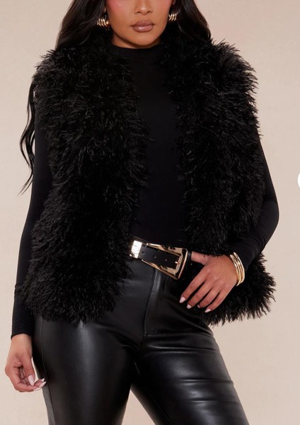 Mamut Kürk Yelek - Siyah , Siyah Yapay Kürk Yelek