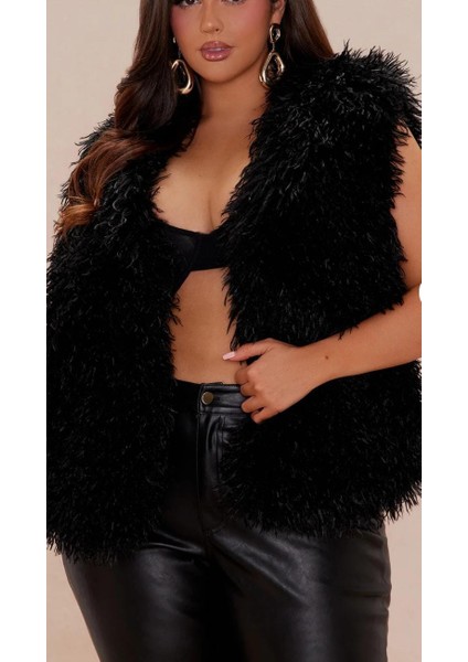 Mamut Kürk Yelek - Siyah , Siyah Yapay Kürk Yelek