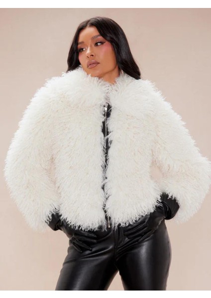 Sünni Kürk Ceket Krem Rengi , Yapay Kürk Ceket ,yumoş Kadın Ceket