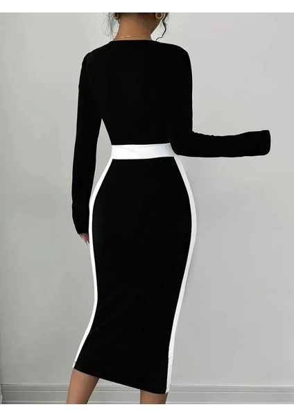 Kadın Uzun Kollu Geometrik Yaka Midi Ithal Krep Elbise fiyatları