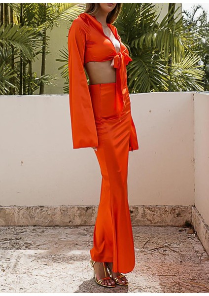 Turuncu Saten Çan Kollu Etek Bluz Takım – Önü Bağlamalı Kısa Üst ve Uzun Etek Saten Takım fiyatları