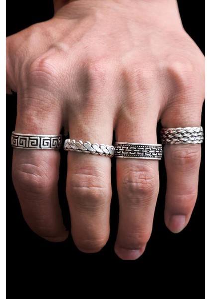 4 Adet 925 Ayar Gümüş Kaplama Ayarlanabilir El Yapımı Erkek Kadın Yüzük Seti