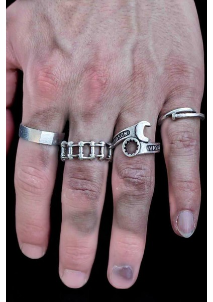 4 Adet 925 Ayar Gümüş Kaplama Ayarlanabilir El Yapımı Erkek Kadın Anahtar Yüzük Seti