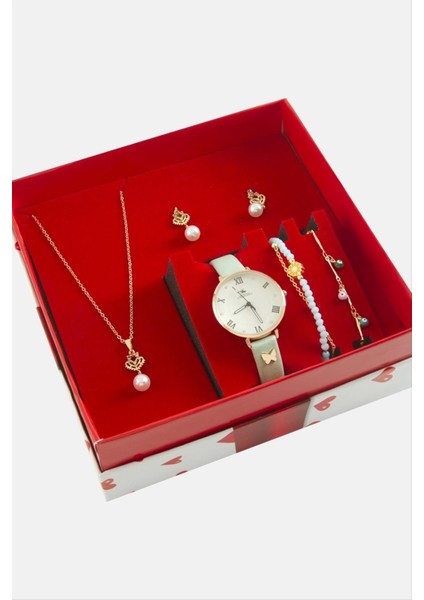 Kelebek Kayışlı Bayan Kol Saati ve Takı Seti Kombini