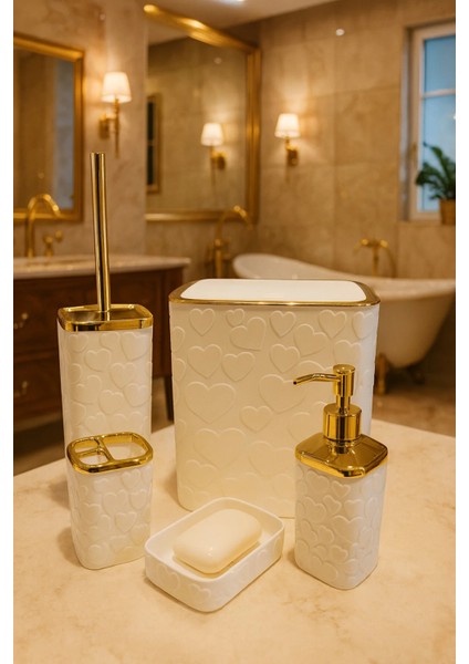 5 Parça Banyo Seti, Kalp Desenli, Beyaz Gold, Kare, Click Kapaklı, Hacim: 8 Litre