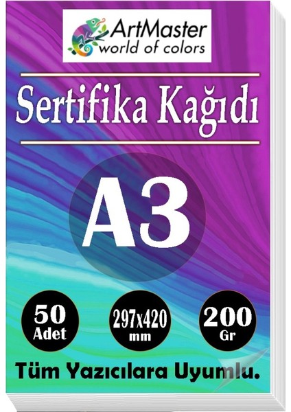 A3 Sertifika Kağıdı 50 Adet 200 Gram Kalın Fotokopi Kağıdı Tüm Yazıcılara Uyumlu 29.7X42 cm Kalın Baskı Kağıdı