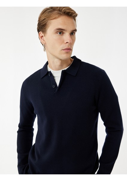 Uzun Kollu Düğmeli Polo Yaka Triko Kazak