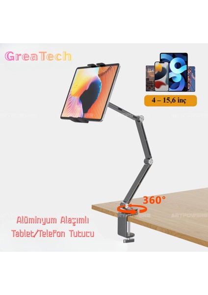 Alüminyum Akrobat Tablet & Telefon Tutucu Stand 360° Oynar Başlıklı Ayarlanabilir