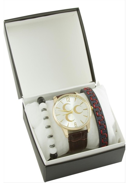 3 Hilal Kayışlı Erkek Kol Saati ve Kutulu Bileklik Kombini