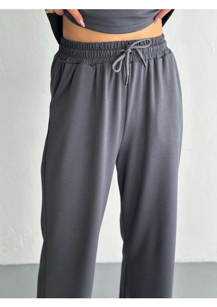 Osy Modal Yumuşak Dokulu Kumaş Kısa Kollu Yakalı T-Shirt Pantalon Ikili Takım- Antrasit