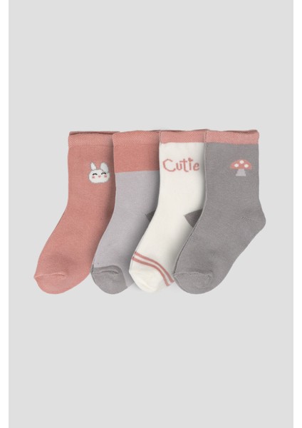 4 Çift Tavşan & Mantar Desenli Pamuklu Kız Bebek ve Çocuk Soket Çorap