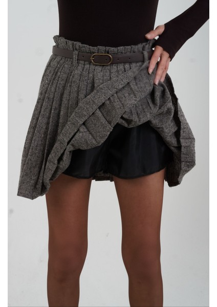 Bej Kemerli Içi Şort Astarlı Pileli Mini Etek indirimleri