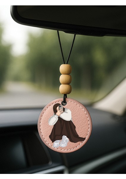 Suni Deri Ahşap Süslemeli Desenli Dikiz Aynası Süsü Pudra Pembe - Canım Ben