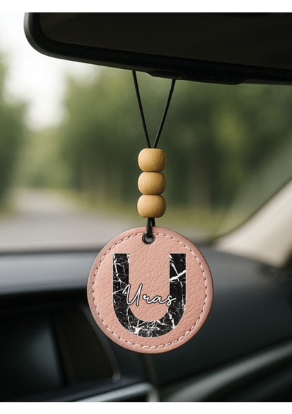 Kişiye Özel Isim Yazılı 1.sınıf Deri Ahşap Dekorlu Dikiz Aynası Süsü Pudra Pembe - U Harfi