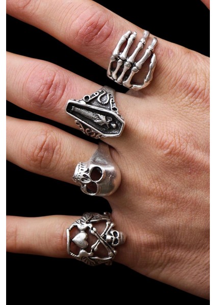 4 Adet 925 Ayar Gümüş Kaplama Ayarlanabilir El Yapımı Erkek Kadın Tabut Yüzük Seti