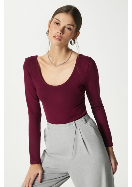 Kadın Heat Lux Touch U Yaka Mürdüm Uzun Kol Soft Bluz