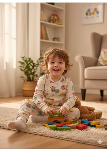 Kız-Erkek Bebek- Çocuk Pijama Takımı %100 Pamuk Uzun Kollu Önü Çıtçıtlı Mevsimlik