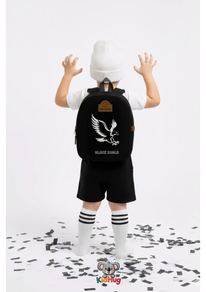Kara Kartal Siyah Beyaz Çocuk Çantası Nakışlı Hediyelik Geniş Yumuşacık Kreş - Anaokulu Çantası