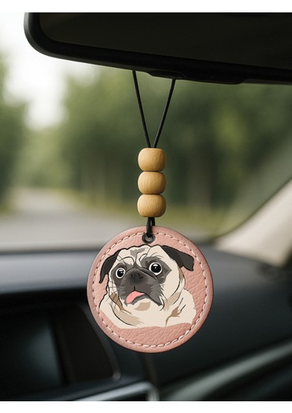 Tasarım Deri Süslemeli Desenli Tematik Dikiz Araç Aynası Süsü Açık Pembe - Şaşkın Pug