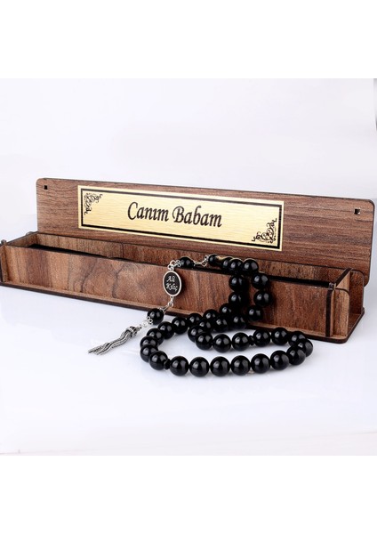 Gümüş Püsküllü Canım Babam Yazılı Ahşap Kutulu Ateş Kehribar Tesbih