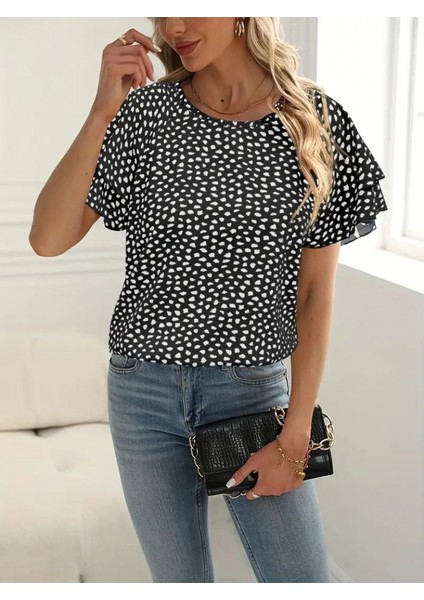 Kadın Kısa Kollu Kolları Volanlı Baskılı Süprem Bluz fırsatları