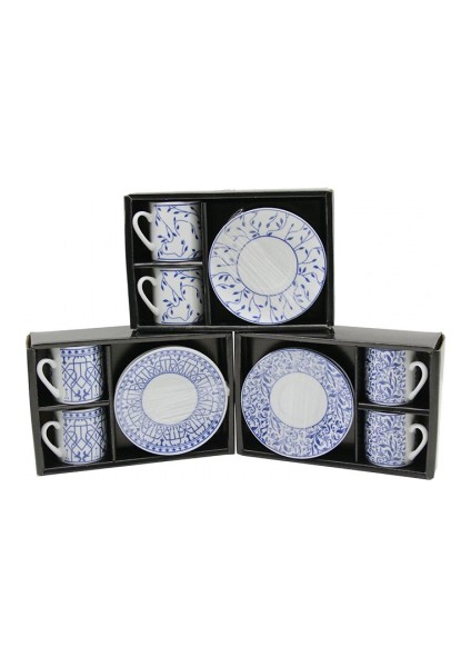 Mavi - Beyaz 4pcs=2-Takım Porselen Kahve Fincanı Çiçek - Çizgi - Nokta Mix Desen (5324)
