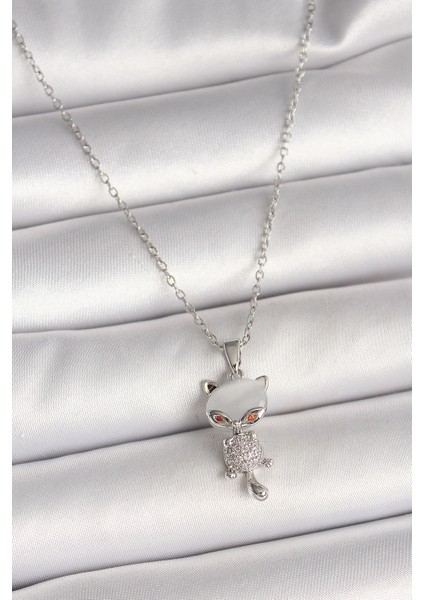 316L Çelik Gümüş Renk Zincir Zirkon Taşlı Kedi Model Kadın Kolye - Lisinya